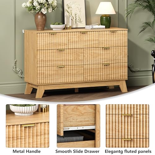 Wodeer 7 Drawer Fluted Dresser for Bedroom, Mid Century Modern Wooden Dresser with 7 Drawers, Dressers & Chests of Drawers with Metal Handle, TV Stand & Storage Organizer for Entryway, Hallway, Oak