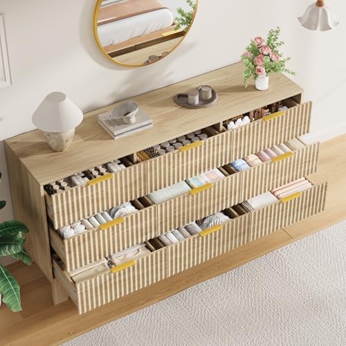 GarveeHome 59" Wide Fluted 9 Drawers Dresser, Oak
