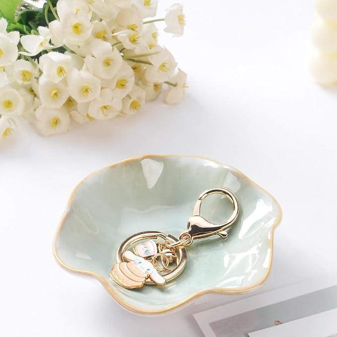 2PCS Lotus Leaf Shape Ring Holder Dish, Small Key Bowl, Ceramic Trinket Tray Jewelry Dish Organizing Necklace Earrings for Mom Friend Sister, All Jewelries Are NOT Included.Pink+Light Green.…