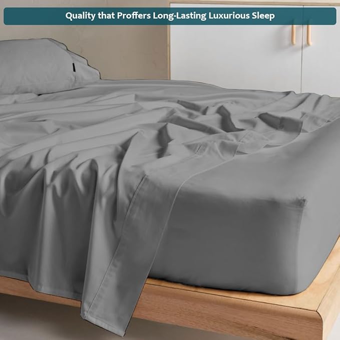 Twin Sheets Set - Luxury 338 Thread Count 100% Egyptian Cotton Sateen, Twin Sheet Set with All Around Elastic for a, Hotel Quality Bedding (Light Grey Solid)
