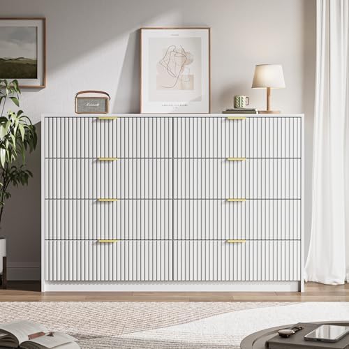 MAISONARIA White Dresser for Bedroom, 8 Drawer Double Dresser, Modern Chest of Drawers for Bedroom, Living Room, Entryway and Closet, 55" L x 15.7" D x 37.4" H