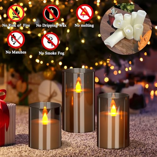 wemarry Flameless Candles 4" 5" 6" Acrylic Glass Pillars 3" Diameter Battery Operated Flickering Candles Include 8-Key Remote with Timer Function 400+ Hours (Gray, Warm Light 3 Pack) - color: Gray, size: Warm Light 3 Pack