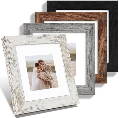 Hongkee 6x6 Picture Frame Set of 4, Made of Real Glass and Multicolour Wooden Frame, 6 by 6 Photo for Wall or Tabletop - Display Picture 4x4 with Mat or 6x6 Without Mat
