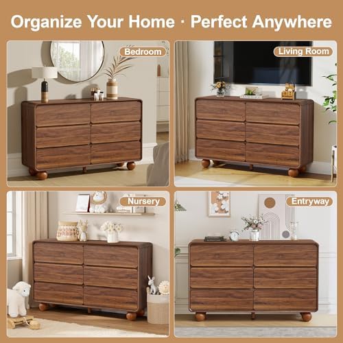Modern 6 Drawer Dresser for Bedroom, 48" Wooden Chest of Drawers, Walnut