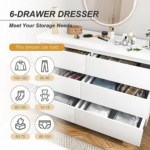 VERYKE White 6 Drawer Dresser for Bedroom,Chest of Drawers with No-Handle Design for Closet,Modern Wood Dresser Bedroom Storage Furniture