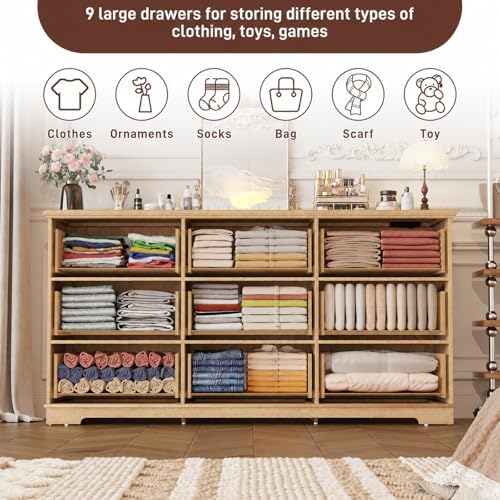 Fluted 9 Drawers Dresser for Bedroom, 63" Wood Dresser w/Power Outlet and Deep Drawers, Wide Chest of Drawers, Modern Closet Dressers for Living Room, Upgraded Version w/Wooden Drawers, Oak