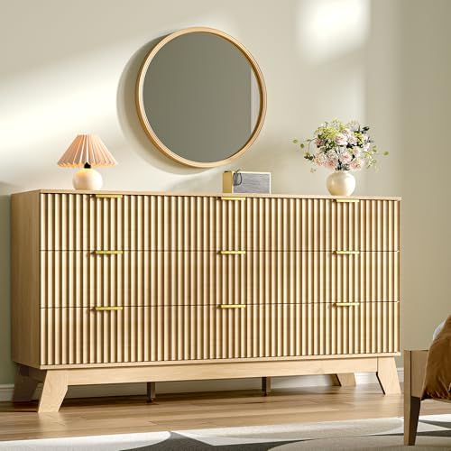 HUANLEGO Fluted Dresser for Bedroom with 9 Drawers, Oak