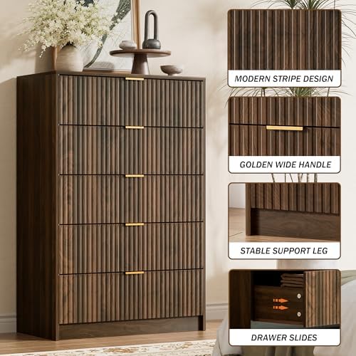 Furniway Walnut Dresser for Bedroom, Tall Dresser with 5 Drawers and Smooth Slides, Modern Chest of Drawers with Golden Handles for Bedroom, Living Room, Closet, 15.7" D x 31.5" W x 47.2" H