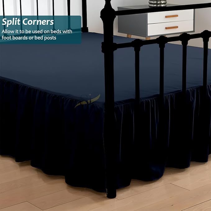 Shreem Linen Ruffled Bed Skirt with Split Corners, Gathered Style, 100% Microfiber, 15-Inch Drop, Dust Ruffle Bedskirt with Platform, RV King, Navy Blue