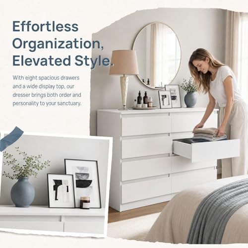 Spaco White 8 Drawer Dresser for Bedroom,Modern Deep Drawer Dresser,Wide Storage Chest of Drawer for Closet,Wood Storage Organizer Furniture for Living Room