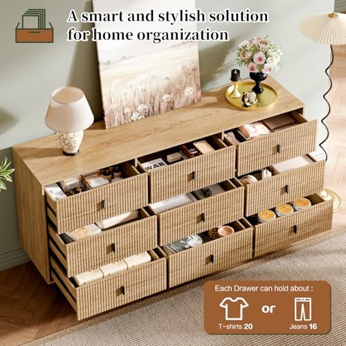 Chrangmay Modern Chest of Drawers with 9 Drawers,Deep Drawers,Clothes Organizer,Large Storage Cabinet for Living Room, Bedroom,Hallway,with Anti-Tipping Device,Natural