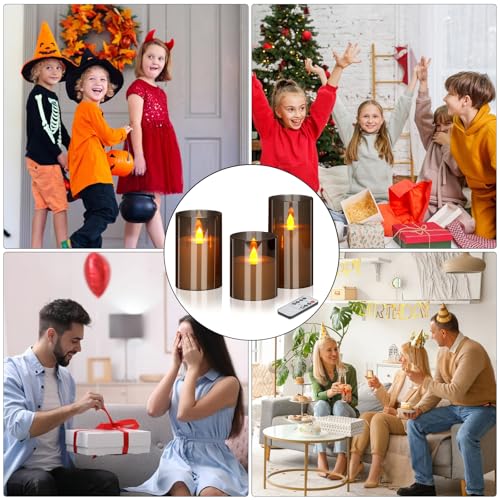 wemarry Flameless Candles 4" 5" 6" Acrylic Glass Pillars 3" Diameter Battery Operated Flickering Candles Include 8-Key Remote with Timer Function 400+ Hours (Gray, Warm Light 3 Pack) - color: Gray, size: Warm Light 3 Pack