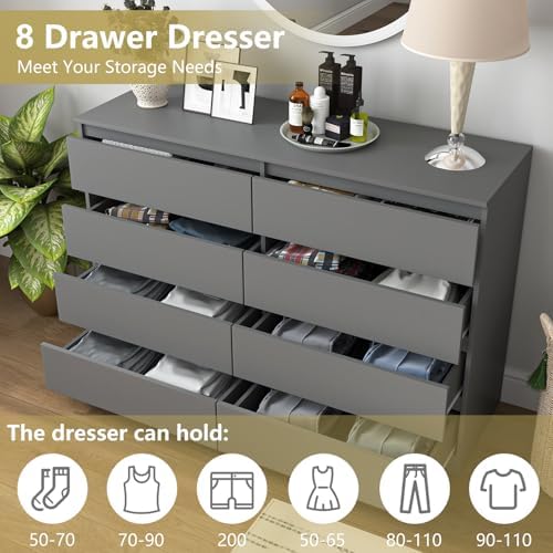 Spaco Grey Dresser for Bedroom,Modern Large 8 Drawer Dresser with Deep Drawer,Wide Storage Chest of Drawer,Wood Bedroom Storage Organizer Furniture,TV Stand for Living Room