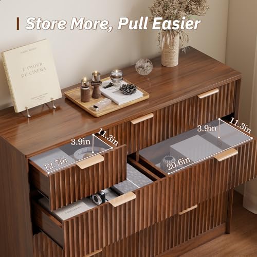 LYNCOHOME Fluted Tall Dresser for Bedroom, 9 Drawer Chest of Drawers,Walnut