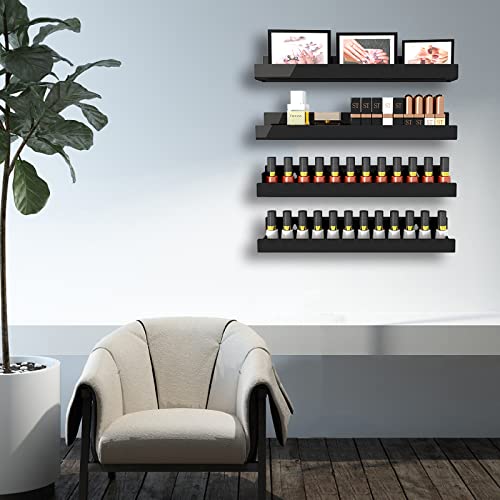 4 Pack 15 Inch Black Acrylic Shelves, Black Kids Floating Bookshelf for Kids Room, Modern Nail Polish Rack Sunglasses Essential Oil Picture Ledge Display Toy Storage Wall Shelf - color: 15in-black