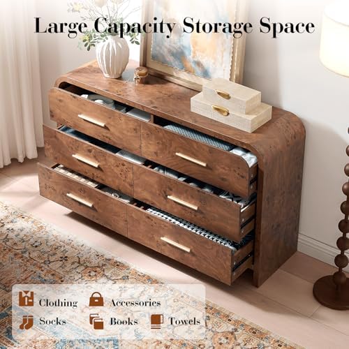 Curved Drawer Dresser for Bedroom with 6 Drawers, 54'' Wide Chest of Drawer