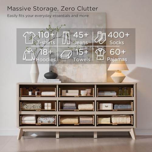 T4TREAM 63" Wide Fluted 9 Drawer Dresser for Bedroom, White Alder