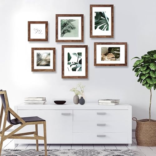 Hongkee 10x10 Picture Frame Set of 4, Made of Glass and Rustic Brown Wooden Frame - Display Picture 8x8 with Mat or 10 x 10 Without Mat, 10 by 10 Photo for Wall or Tabletop