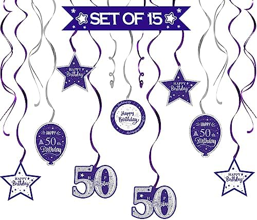 Happy 50th Birthday Purple & Silver Glitter Swirls Streamers Party Decorations - 15 Pcs 50th Birthday Hanging Swirls Streamers Kit,Cheers to Fifty Years Old Bday Party Sign.