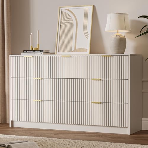 MAISONARIA Beige 7 Drawer Dresser for Bedroom, 55.9" Wide Modern Fluted Dresser with Gold Metal Handles, Wide Chest of Drawers for Bedroom, Living Room, Entryway, Hallway