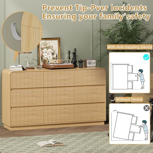 Wodeer Oak Dresser Fluted 9 Drawers Dresser for Bedroom, 59" Wide Wood Chest of Drawers with Hidden Handles & Rounded Corners, Modern TV Stand Storage Cabinet for Living Room, Hallway, Entryway