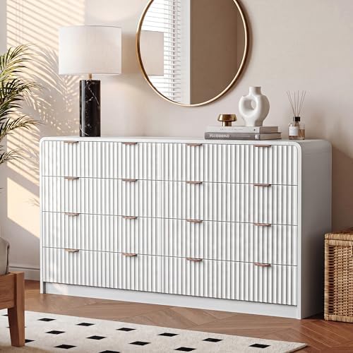 HOUROM 55“ Wide White Fluted Dresser for Bedroom with 10 Drawers