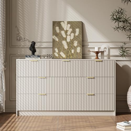 MAISONARIA Beige 7 Drawer Dresser for Bedroom, 55.9" Wide Modern Fluted Dresser with Gold Metal Handles, Wide Chest of Drawers for Bedroom, Living Room, Entryway, Hallway