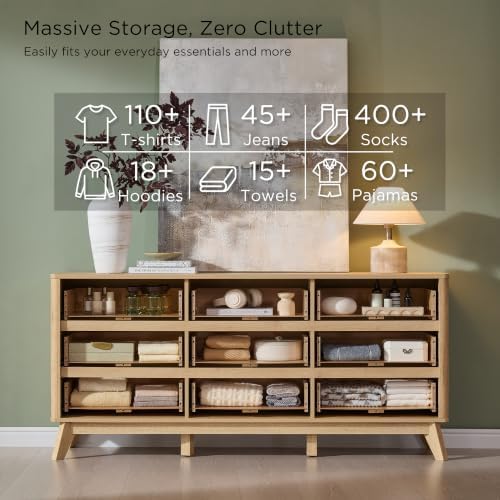 T4TREAM 63" Wide Fluted 9 Drawer Dresser for Bedroom, Natural Oak