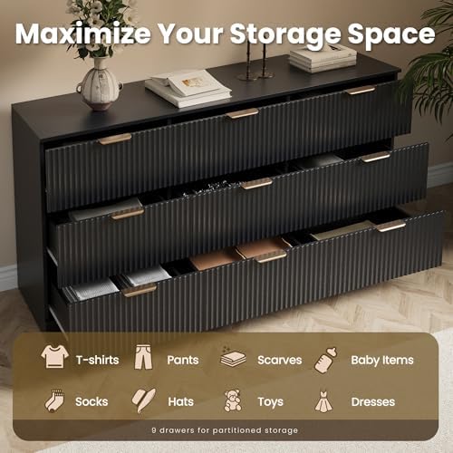 MALOL Fluted 9 Drawer Dresser for Bedroom, 59" Wide Wood Chest of Drawers with Metal Handle, Long Dresser Storage Organizer TV Stand for Closet, Living Room, Hallway, Black