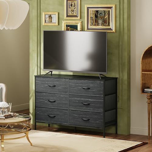 WLIVE Dresser for Bedroom with 6 Drawers, Charcoal Black Wood Grain Print