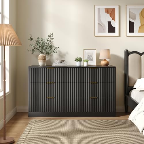 Black 6 Drawer Dresser for Bedroom, 55" Wide Fluted Chest of Drawers with Gold Metal Handles, Wood Dresser Storage Organizer Mid Century TV Stand for Living Room Closet Hallway