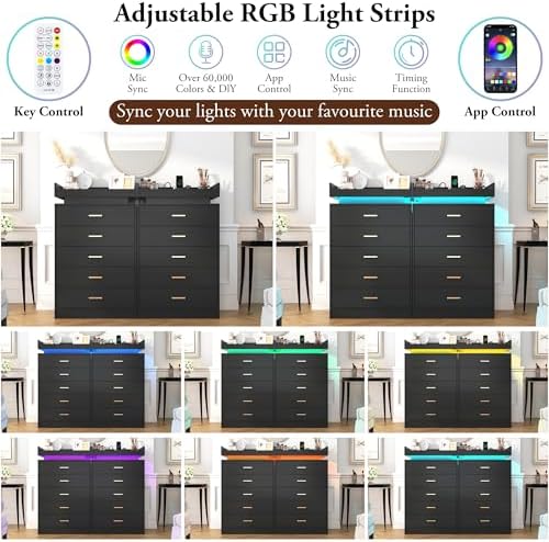 Hlivelood 5 Drawer Dresser with LED Light and Charging Station, Modern Chest of Drawers for Closet, Wide Drawer Organizer Cabinet, Living Room, Entryway, Hallway, Black