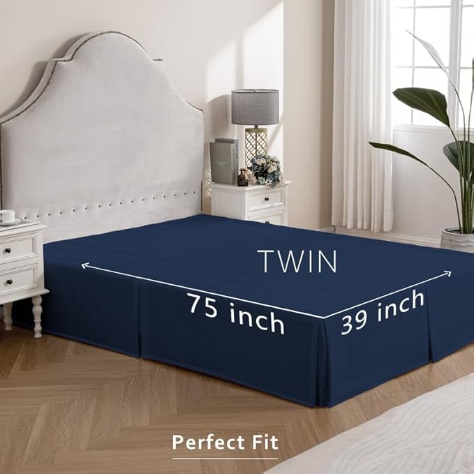 MIYE Pleated Waffle Weave Bed Skirt, Tailored Dust Ruffle 16 Inch Drop Easy Fit, Machine Washable (Navy Blue, Twin - 16" Drop)