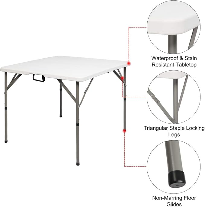 Outvita Plastics Folding Table Height Adjustable Indoor Outdoor Square Picnic Table with Carry Handle, Lock for Camping, Party, Picnic, BBQ White