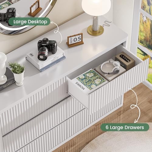 Standifurno White Fluted Dresser for Bedroom with 6 Drawers, 48" Wide Modern Curved Chest of Drawers, Wooden Dresser TV Stand, Wood Closet Clothes Storage Organizer for Living Room