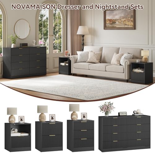 8 Drawer Dresser & 1-Drawer Nightstand Set 3-Piece, Black丨55 Wide Bedroom Dresser Set Night Stand Set of 2, Fluted Modern Wood Chest of Drawers Storage Dressers Set for Bedroom