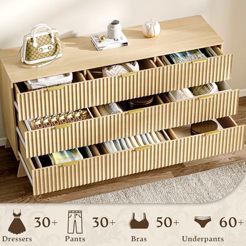 HUANLEGO Fluted Dresser for Bedroom with 9 Drawers, Oak
