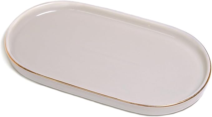 Ceramic Jewelry Dish, Perfume Vanity Tray, 7x4 Decorative Catch All Bowl for Trinket Key Ring, Small Bathroom Counter Tray, Soap Tray for Kitchen Sink (Grey)