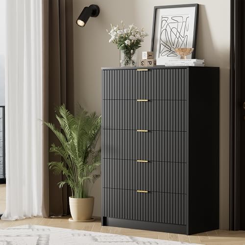 Furniway Black Dresser for Bedroom, Modern Dresser with 5 Drawers and Smooth Slides, Wide Chest of Drawers with Golden Handles for Bedroom, Living Room, Closet, 15.7" D x 31.5" W x 47.2" H