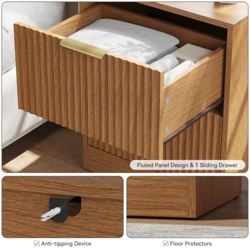 7 Drawer Dresser & 2-Drawer Nightstand Set 3-Piece, Natural Wood丨55 Wide Bedroom Set Night Stand Set of 2 with Metal Handle, Fluted Wood Chest of Drawers Storage Dressers Set for Bedroom