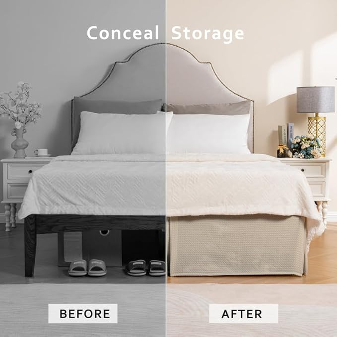 MIYE Pleated Waffle Weave Bed Skirt, Tailored Dust Ruffle 18 Inch Drop Easy Fit, Machine Washable,No Split Corners (Beige, TwinXL - 18" Drop)
