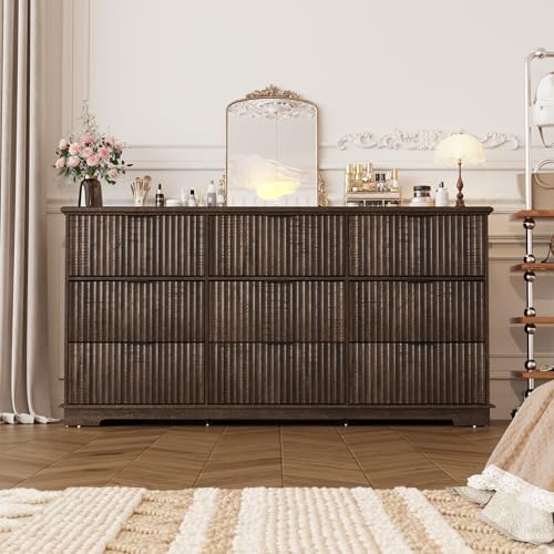 Fluted 9 Drawers Dresser for Bedroom, 63" Wood Dresser with Power Outlet and Deep Drawers, Wide Chest of Drawers, Modern Closet Dressers for Living Room, Upgraded Version with Wooden Drawers, Brown
