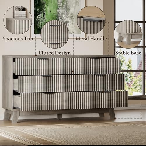 BORNOON 53" Long Dresser for Bedroom, 6-Drawer Dresser with Fluted Fronts, Wide Wood Chest of Drawers, Smooth Metal Slides, Stable Base, Modern Clothes Storage Cabinet for Living Room, Hallway