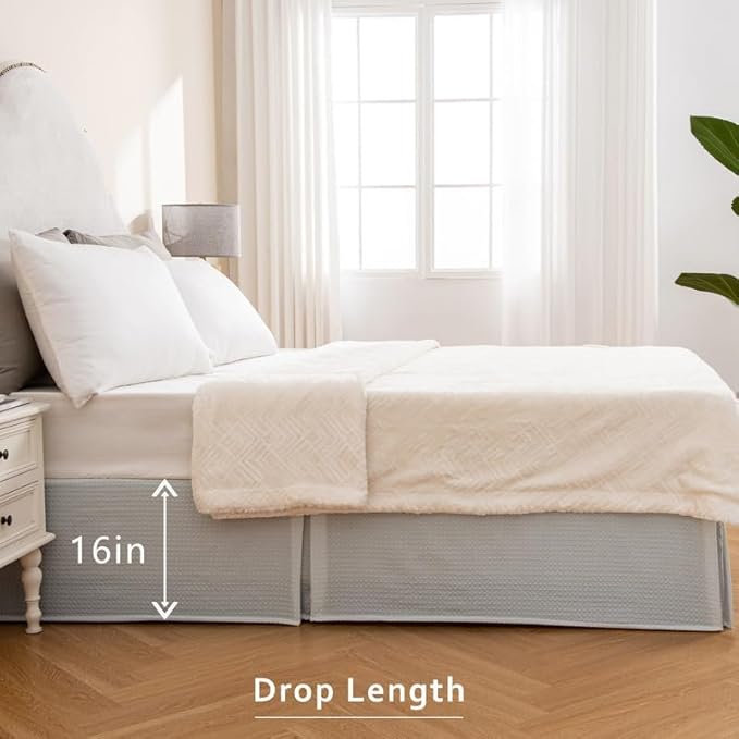 MIYE Pleated Waffle Weave Bed Skirt, Tailored Dust Ruffle 16 Inch Drop Easy Fit, Machine Washable (Light Grey, Twin - 16" Drop)