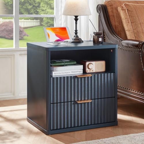 LEYAOYAO Fluted Nightstand with Charging Station, 23" Modern Night Stand with Woodgrain Top, 2 Drawer End Table w/Storage, Bedside Tables for Bedroom, Living Room, Curved Profile Design, Blue