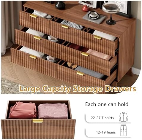 Wodeer 7 Drawer Fluted Dresser for Bedroom, Mid Century Modern Wooden Dresser with 7 Drawers, Dressers & Chests of Drawers with Metal Handle, TV Stand & Storage Organizer for Entryway, Hallway, Walnut
