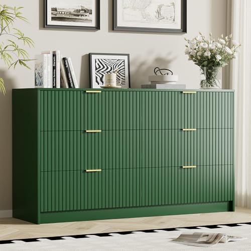 Furniway Green Dresser for Bedroom, Modern Dresser with 6 Drawers and Smooth Slides, Wide Chest of Drawers with Golden Handles for Bedroom, Living Room, Closet, 15.7" D x 55.1" W x 31.4" H