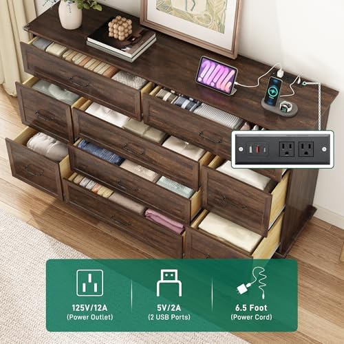 jiteentarou Farmhouse 9 Drawer Dresser for Bedroom,63” Wood Dresser & Chest of Drawers with Power Outlets,Large & Wide Dressers for Bedroom,Tall Storage Dresser Organizer(Rustic Brown)