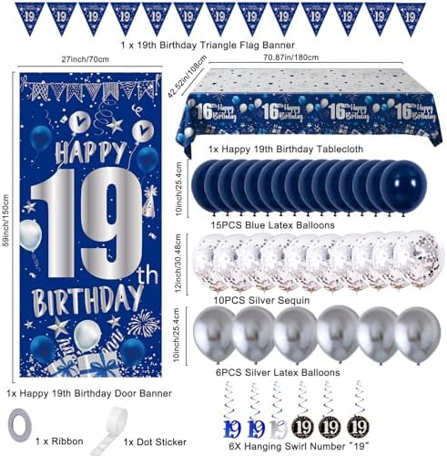 19th Birthday Decorations for Boys Men, Blue 19 Year Old Party Supplies