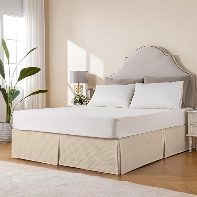 MIYE Pleated Waffle Weave Bed Skirt, Tailored Dust Ruffle 18 Inch Drop Easy Fit, Machine Washable,No Split Corners (Beige, TwinXL - 18" Drop)